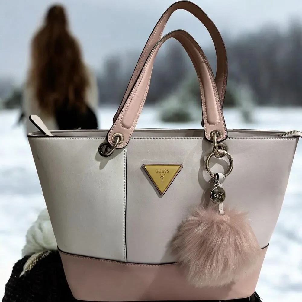 Guess Blush & Cream Colorblock Tote Bag Gold Logo Charm Pom Pom Large